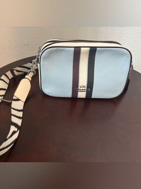 Coach Pebble Leather Crossbody Bag in Light Blue, Cream & Navy